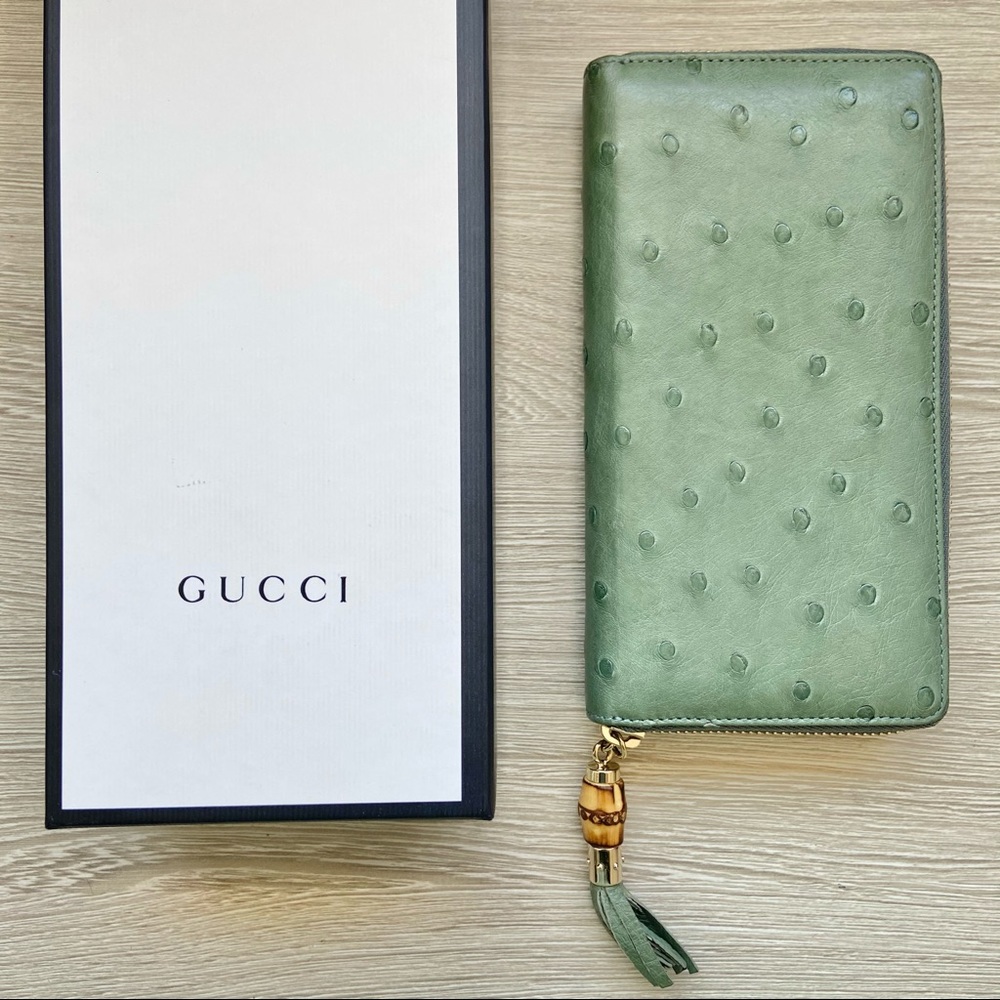 Gucci Zip Around Wallet Ostrich Soho MintGreen NIB